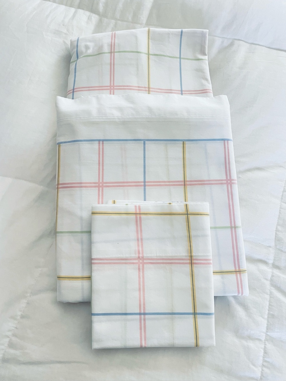 Vintage Cannon Pastel Plaid Sheet Set (3 Piece) White w Pink Blue Yellow Full Sz